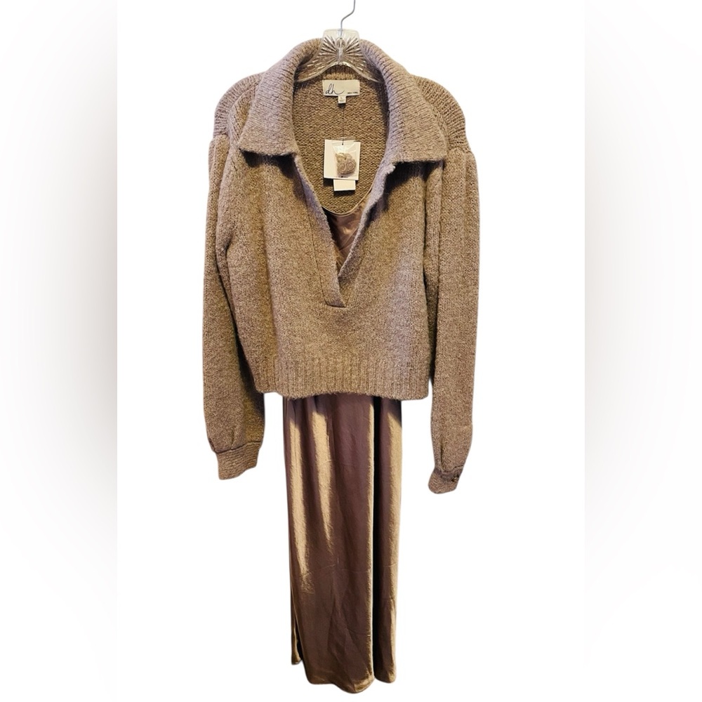 dh New York taupe cozy V-Neck knit sweater and slip dress, new with tags